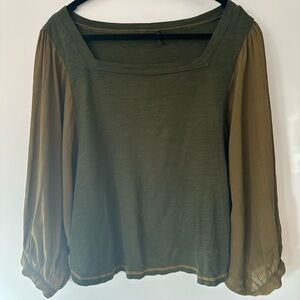 Anthropologie Olive Blouse with Sheer Sleeves Womens size L Cotton Bohemian